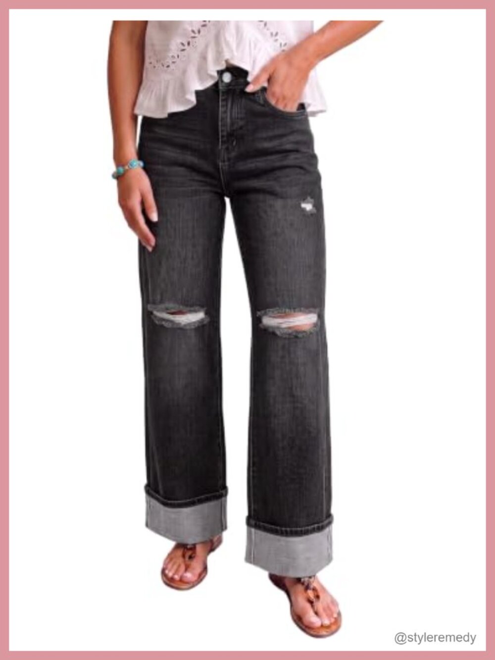 High Waisted Wide Leg Ripped Distressed Denim Jeans